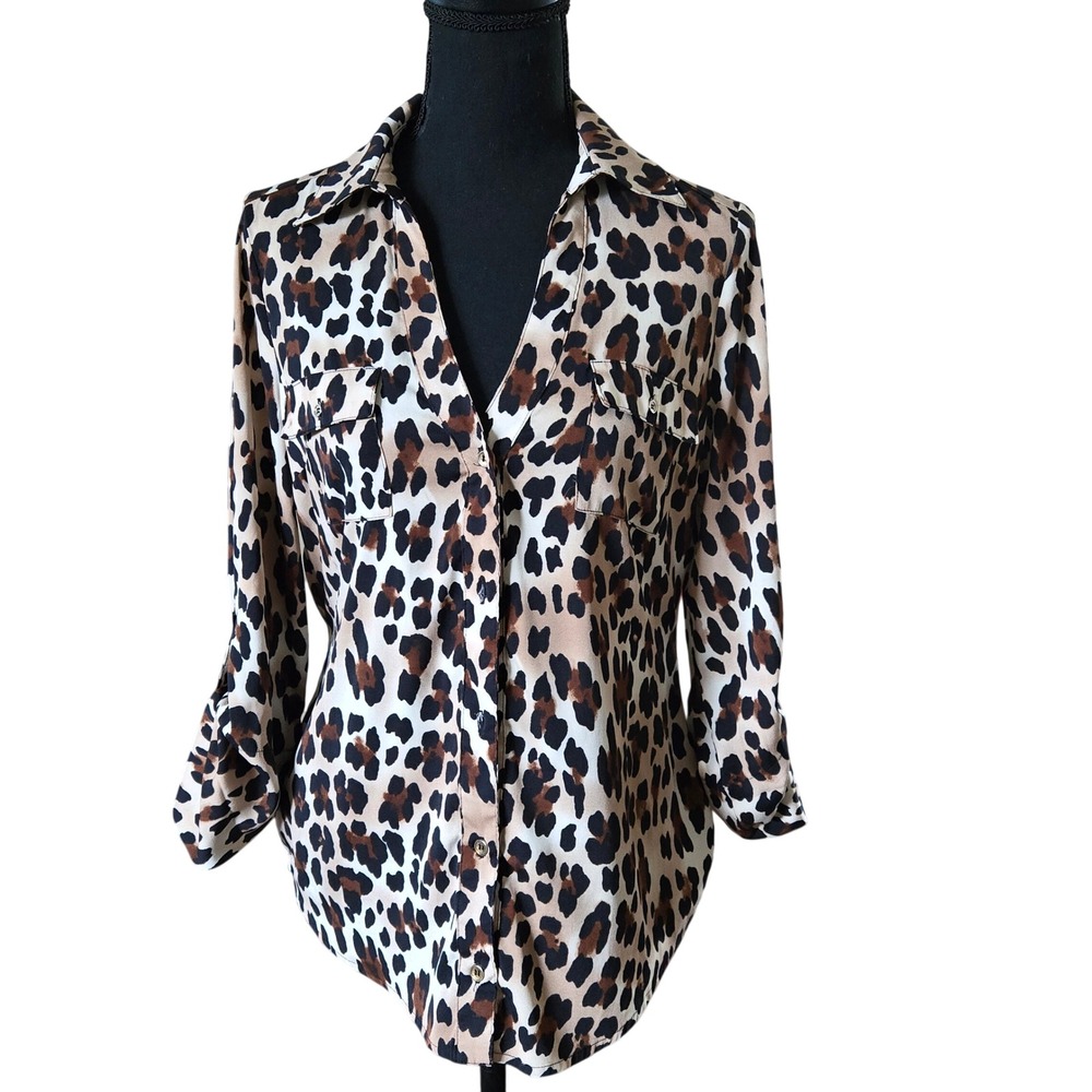 Bebe 2b Leopard Print Draped Open Back Button Down Shirt XS Tan Brown Black
